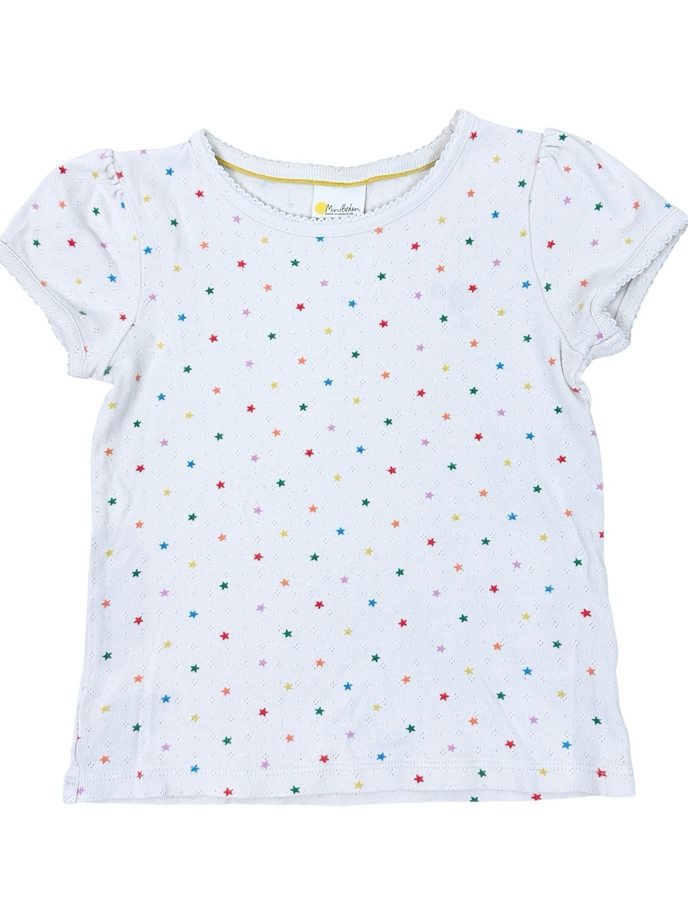 Mini Boden White Pointelle Short Sleeve Tee with Multicolor Star Print